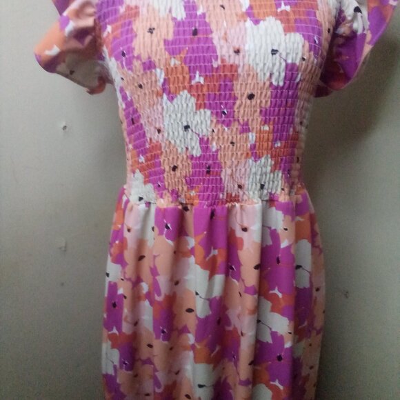 Michelle McDowell Dress Women M ? Short Ruffle Sleeve Smocked Floral Pink Orange - Picture 5 of 16